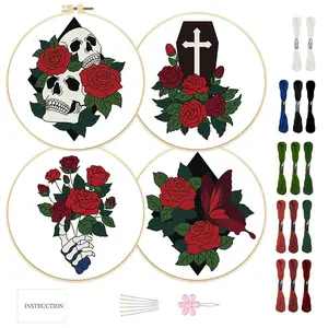Skull & Flower Pattern Embroidery Kit, 4 Counts/set Diy Embroidery Kit with Random Color, Tools & Instructions, Embroidery Supplies for Beginners, Embroidery Design