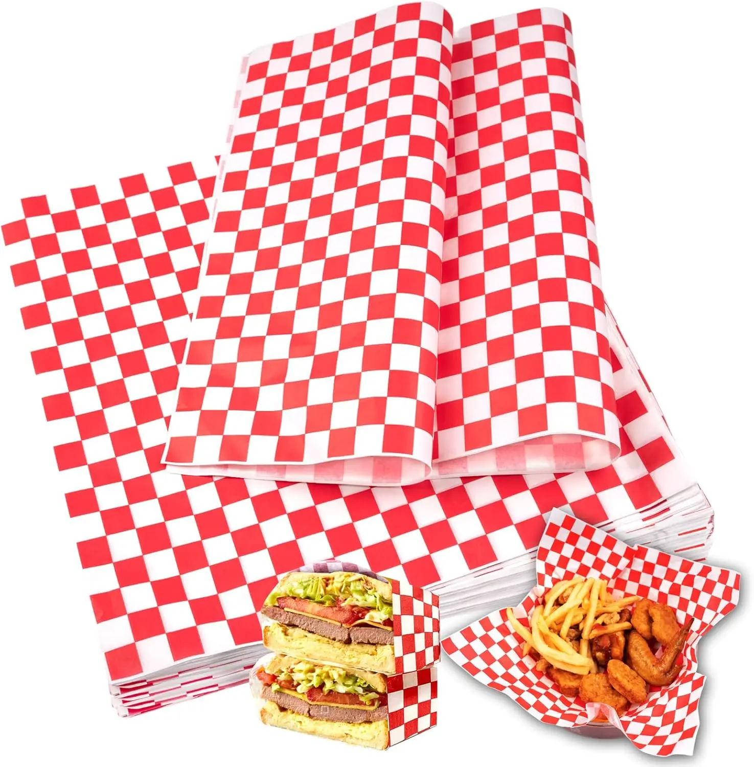 100pcs Deli Paper Sheets 12x12", Premium Food Basket Liners, Grease Resistant Wax Paper Sheets for Food, Classic Checkered Sandwich Wrapping Paper for Party, Festival and Outdoors