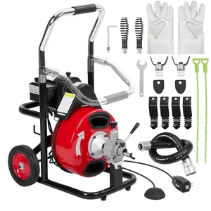 Professional Electric Drain Cleaner Machine - 3/8 Inch 370W Sewer Snake Auger - 100FT Cable, 4 Cutter Blades, Automatic Feed, Air-Activated Foot Switch, Protective Gloves - Plumbing Tool for basin, Toilet, Shower Drain Cleaning