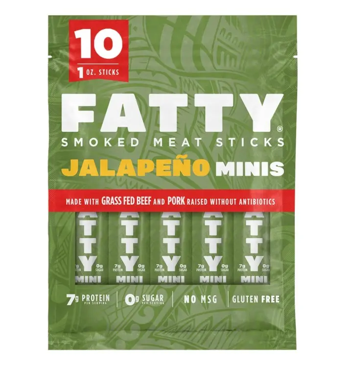 FATTY Jalapeño Mini Meat Sticks – High Protein Snack Made with Grass Fed Beef, 7g Protein per Stick, Pack of 10