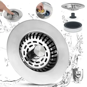 Universal Kitchen Sink Strainer Stopper Combo 3 in 1 Pop-up Stainless Steel Sink Drainer for US Standard 3-1/2 inch Drain Filter, Smooth Handle for Easy Clean, Anti-Clog