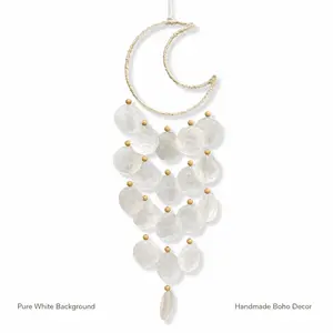 Wood Bead Moon Shell Wind Chime, Natural Style Hanging Decor for Window, Balcony, Patio, Bedroom, Boho Home Decor and Creative Gift Nature Ornaments Hangable Wooden Decoration