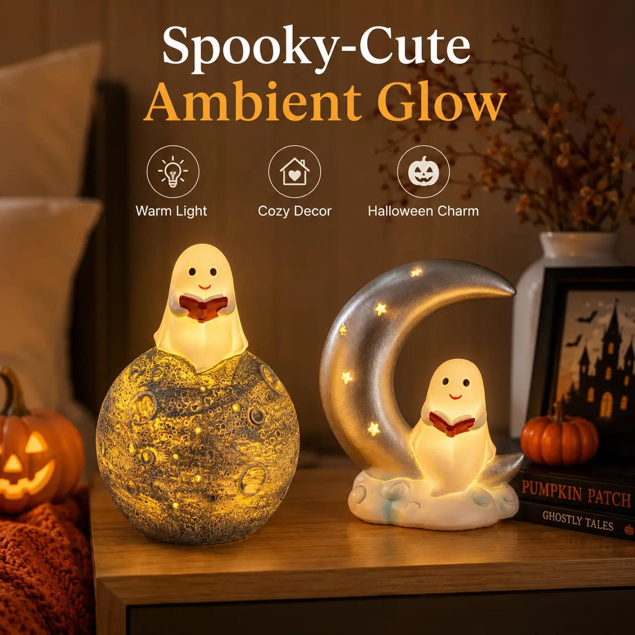 New Halloween Moon Ghost Book Decoration Cute Ghost Resin Ornament for Home Atmosphere, Festival Creative Craft Decoration, Fun Ornament, Holiday Gift, Cartoon Anime Style