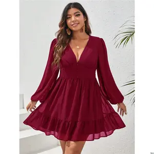 Ruffle Lantern VCAY tiktok Plus Plunging Neck Sleeve Hem Dress