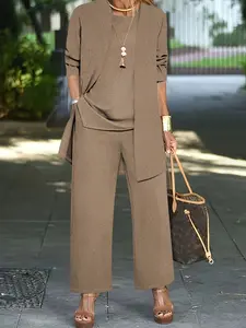 Women's Casual Three-Piece Set, Solid Color Long Sleeve Cardigan Jacket, Sleeveless Vest Top, Symmetrical Pocket Pants, Spring & Fall, Womenswear Suits, Lady, Clothes