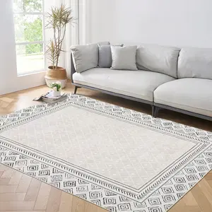 GARVEE Large 9x12 Living Room Rug - Modern Bordered, Stain Resistant, Washable, Non-Slip, Low Pile, Soft Folding Carpet for Living Room, Apartment, Nursery, Grey