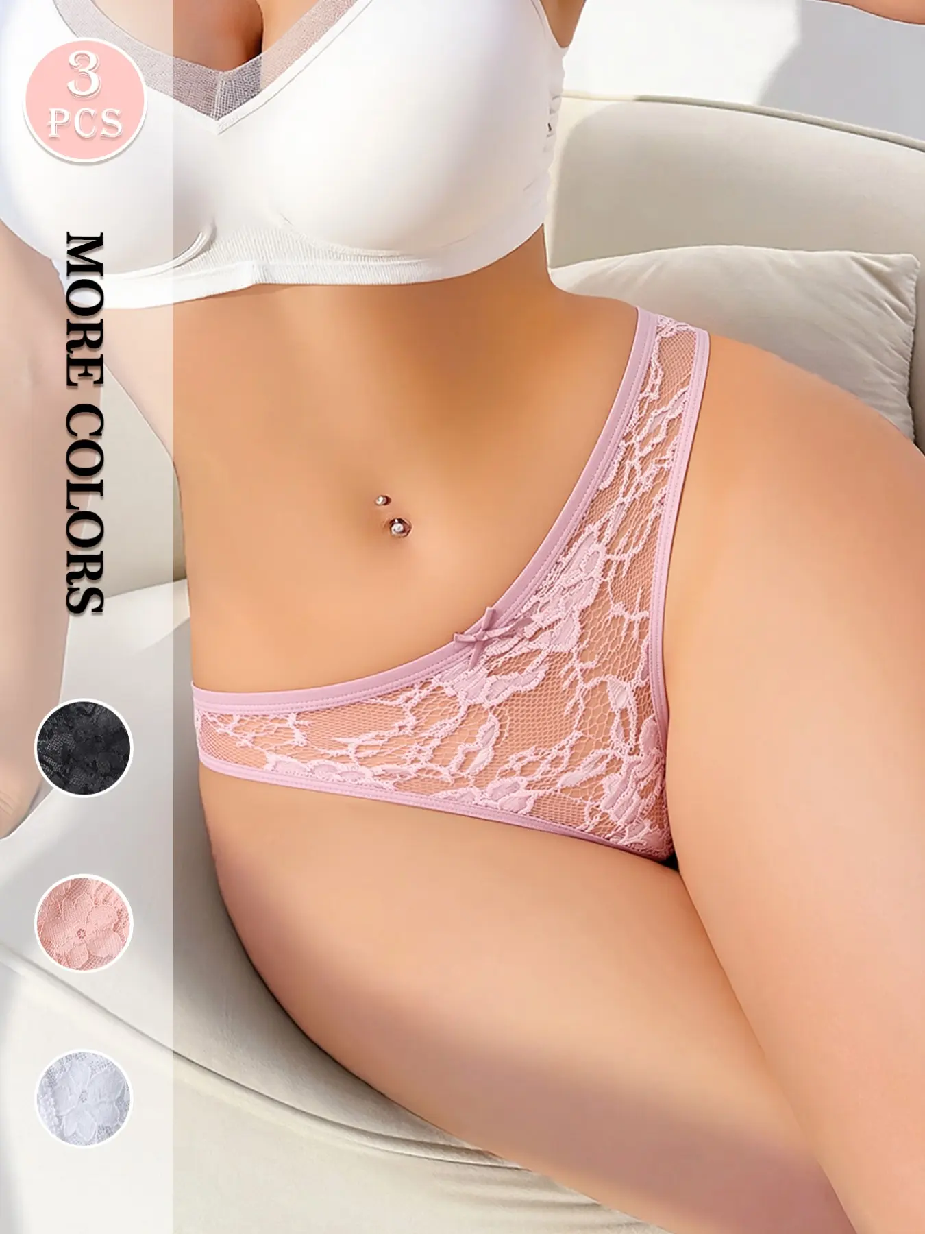 HOTCOM Women's Low Waist Lace Thongs, Brazilian Cut Panties, Set of 3, Floral Pattern, Bow Decoration, Sexy Slim-Fitting Intimates Underwear, All Seasons, Sizes S-XL,Spring Refreshing Update