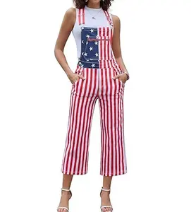 Women American Flag Overalls, 4th of July Bib Pants with Soft Stretch Fabric, Breathable Summer Streetwear Outfit for Independence Day, Memorial Day, National Holiday Festivals, Parades, Parties and Casual Vacation Wear