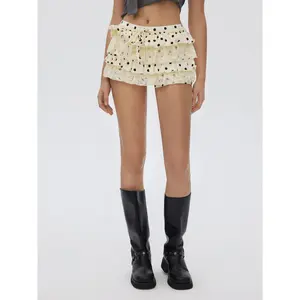 Cider Chiffon High Rise Polka Dot Tiered Lace Panel Mini Skort