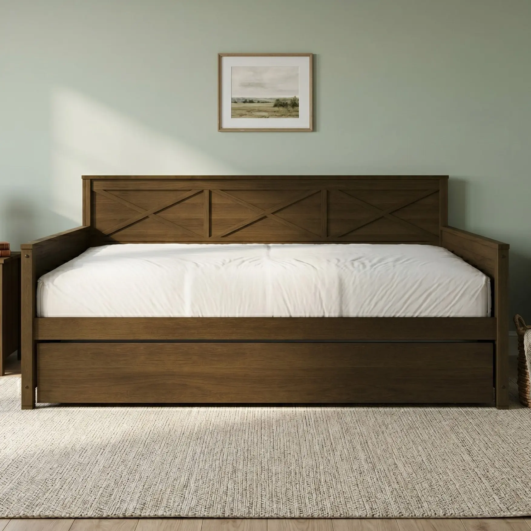Favorer Minot Twin Wooden Day Bed with Pull-out Trundle - Rustic X-Pattern, Solid Rubberwood Frame, Space-Saving Design, Brown/Black Finish