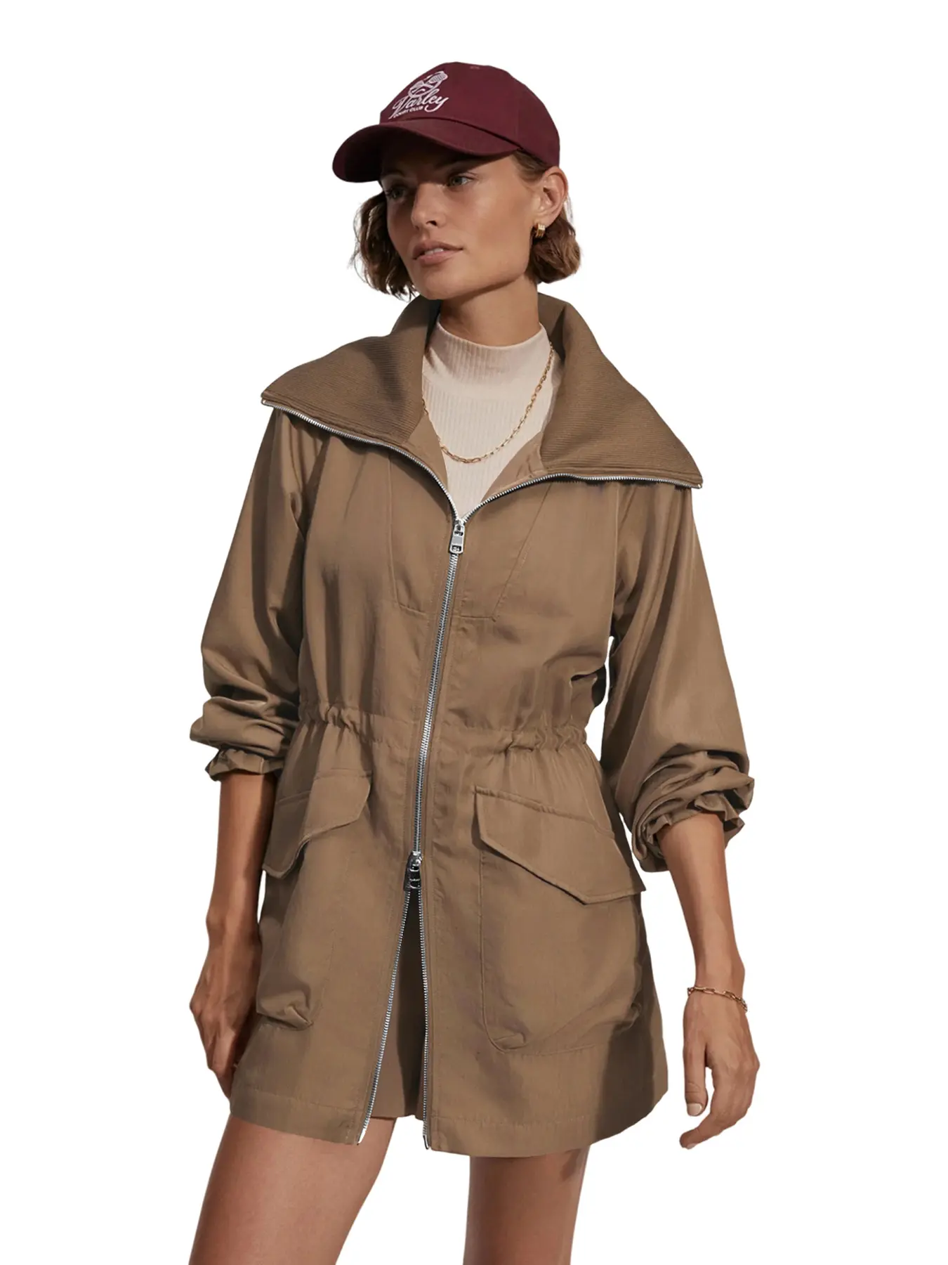 Aswulk Women's Casual Zip-Up Utility Jacket with Drawstring Waist & Lapel Collar - Long Sleeve H-Silhouette Coat Front Pockets,   Zipper Closure Spring/Fall Outdoor Wear