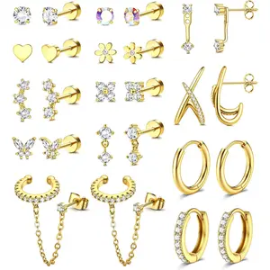 FLORIDECO 13 Pairs Unisex Studs Earrings - 20G Hypoallergenic Surgical Stainless Steel Gold-Plated Flat Back, Stackable Cartilage Jewelry for Helix, Tragus Piercings