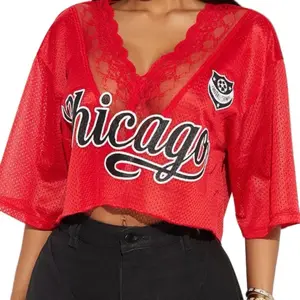 Chicago Jersey Top - Red Lace-Up Design with "Chicago" Text, Short Sleeves, Casual Style