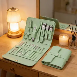 Men's 16-Piece Stainless Steel Grooming Set - Thick Nail Clipper Nail Care Tools, Minimalist Green Leather Travel Case, Ideal Personal Gift