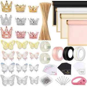 Floral Wrapping Paper Kit, 80Sheet  Floral Paper, 3Rolls Ribbon for Flower Bouquet, 2Rolls Transparent Tape,100Pcs Flower Pins, 48 count 3D Butterflies, 9 count Crowns for Florist Wrapping