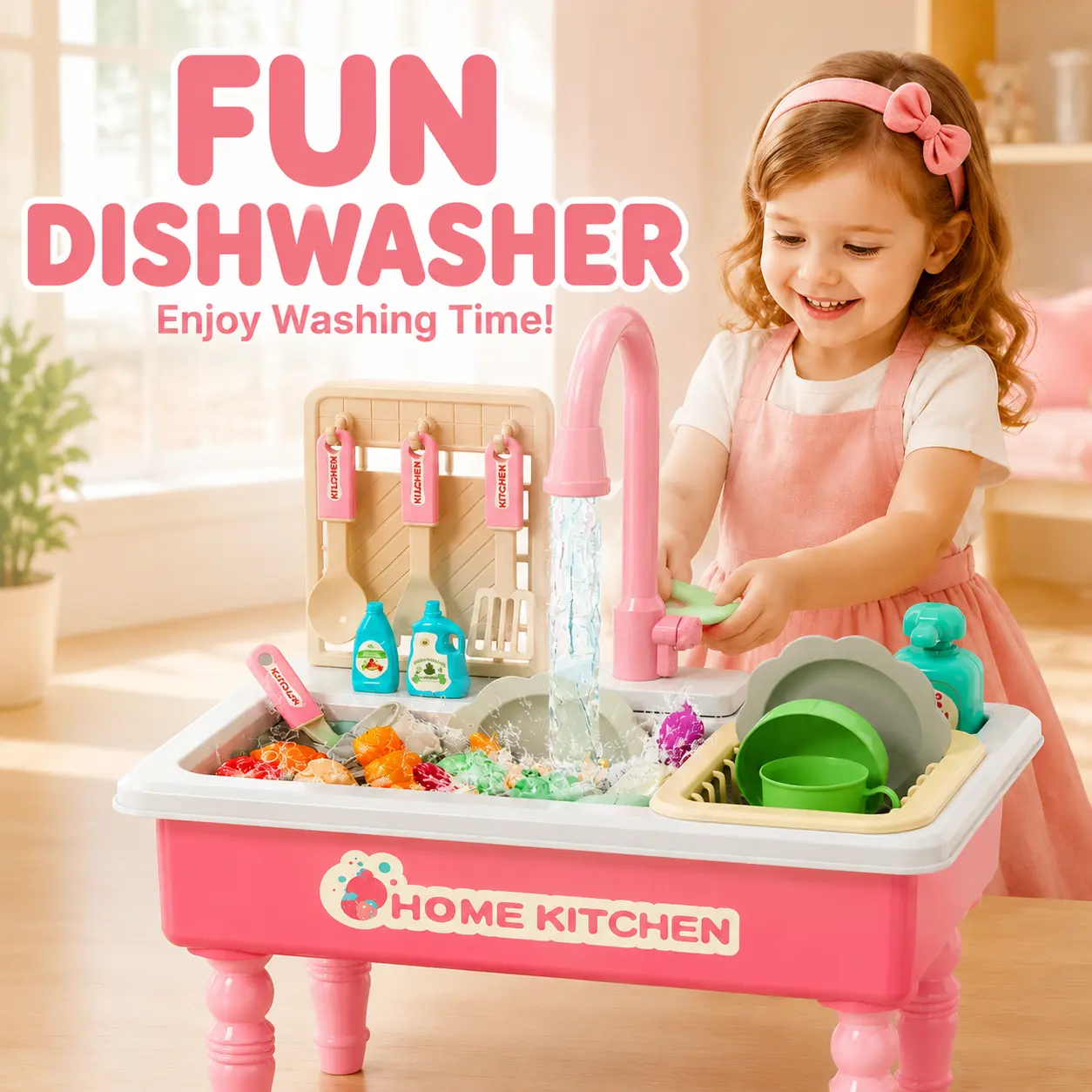 House Hold Play Kitchen Sink Toy set, Dishwasher Furniture with Auto-Water Cycle System, Food&Vegetable&Cooking Tool New Year Gift