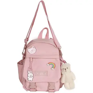 Pink-2 5L Mini Backpack with Cute Pin Accessories -  for School, Gym, Library, Travel, Hiking, Party, Camping - Bottle Holder, Zipper, Nylon, 10.5X9X5 inches