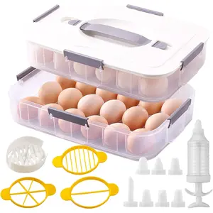2 Layer Deviled Egg Containers with Lid, 36 Slots Deviled Egg Tray Carrier with Handle and Injector Piping Tool, Fridge Stackable Portable Clear Storage Egg Platter for Party Picnic Travel (white)