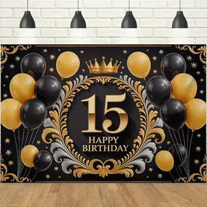 1pc 2D Black Gold Luxury 15th Happy Birthday Backdrop Banner, Crown Pattern & Balloon Elements, Noble & Elegant Style, Perfect for Teen 15th Birthday Party, Quinceañera Prep, Luxury Themed Gathering Decor, Photo Booth Prop