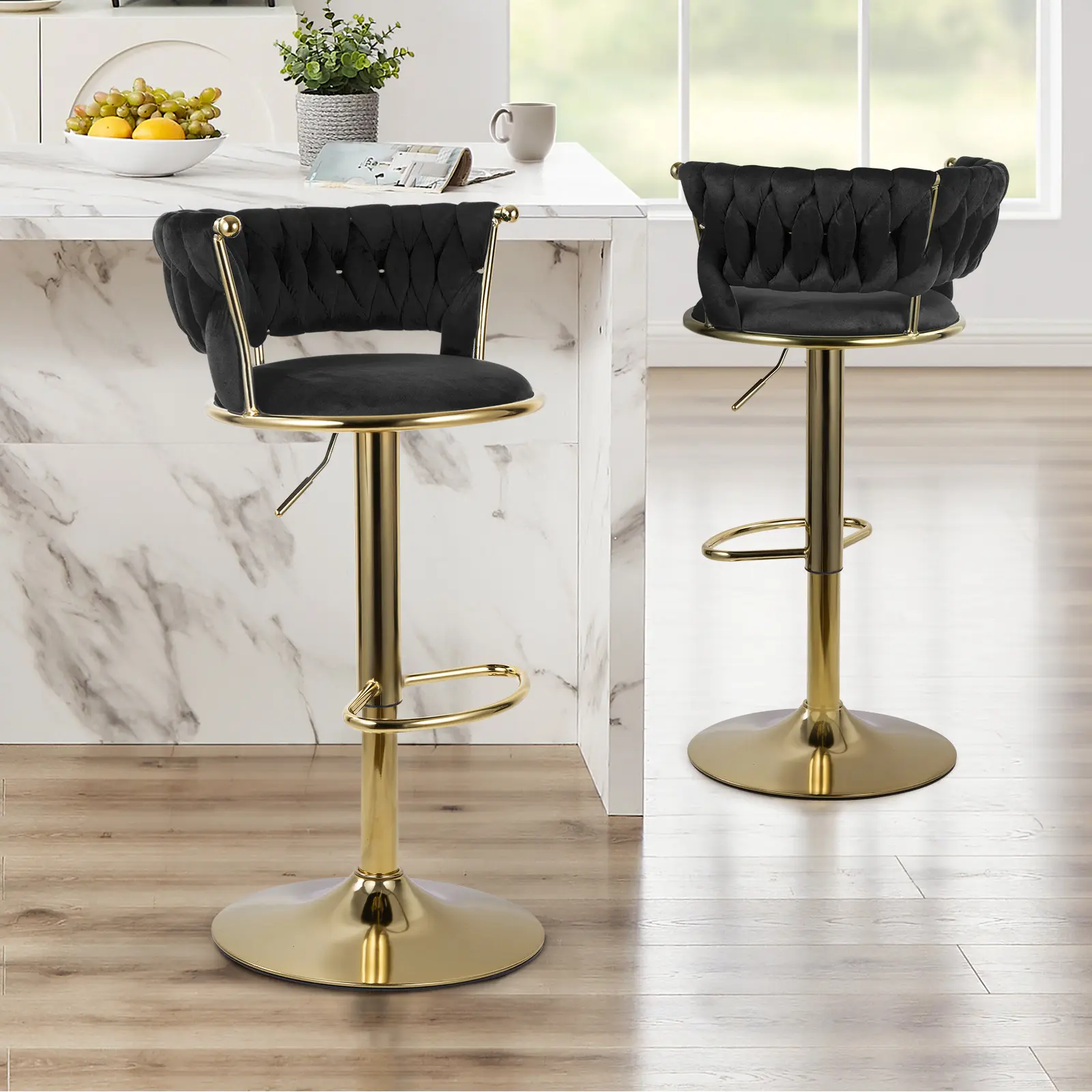 ATOMHOME Modern Woven Velvet Swivel Bar Stools (Set of 2) - 360° Swivel Adjustable Height Chair With Backs, Golden Metal Tall Counter Stools For Kitchen