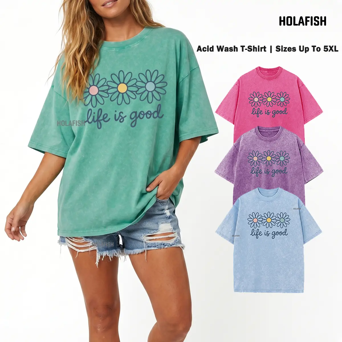 Holafish Women's Plussize Daisy Graphic Tee - Vintage Acid Wash Cotton Tops for Women with Drop Shoulder Streetwear Style