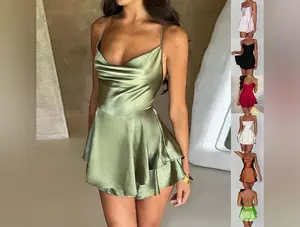 Sexy Suspender Skirt For Women Elegant Slim Strap Satin Backless Lace Up A-Line Short Dress Lady