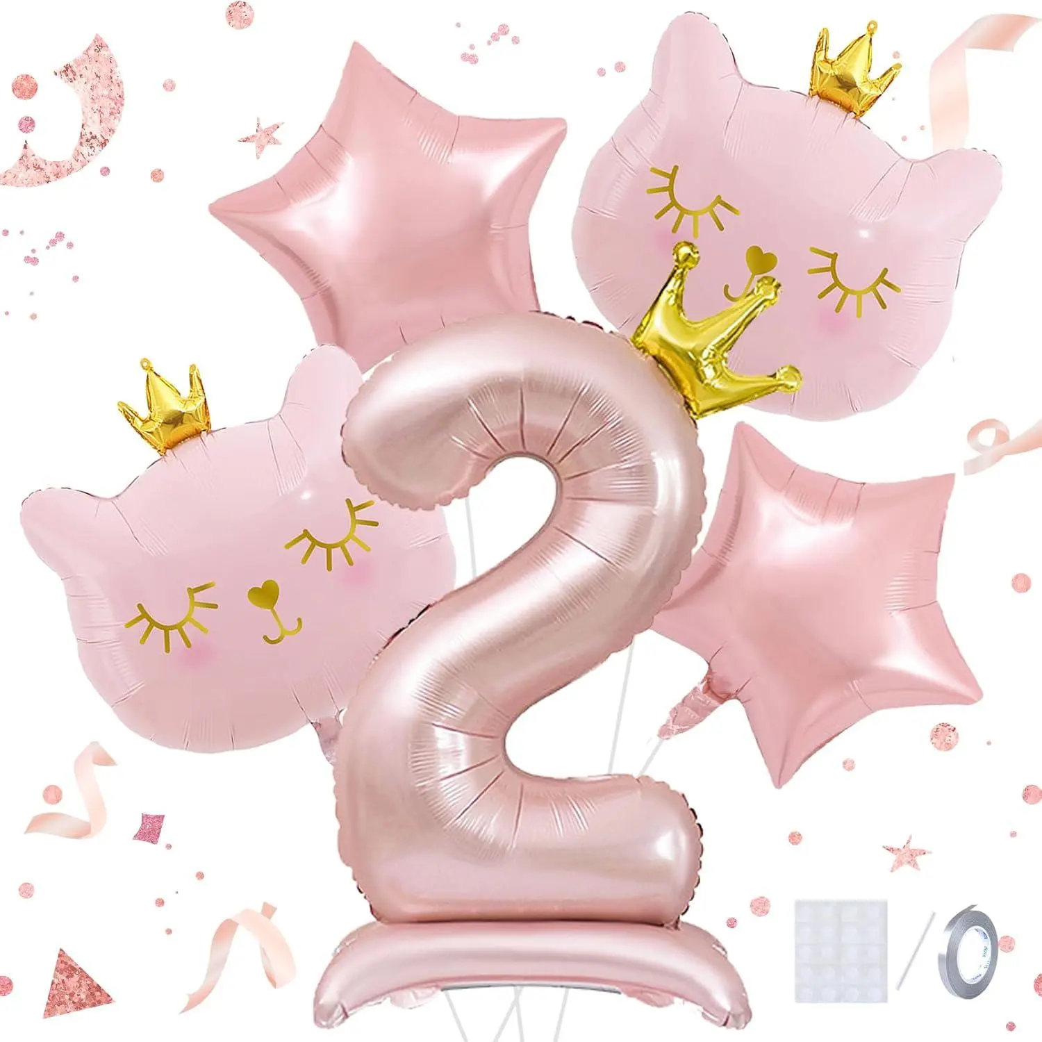 Pink Cat Balloon Set, Crown Cat Foil Balloon, 2 Year Old Girl Birthday Party Decoration, Cat Theme Decoration, Theme Party Supplies For Girls Kitten (2)