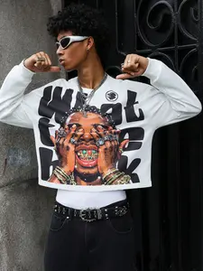 Men's Streetwear Graphic Print Long Sleeve Crop Sweatshirt, Casual Fitted Round Neck Pullover for Fall & Winter, Trendy Fashion Cropped