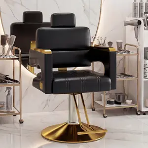 Professional Barber Salon Chair with Stainless Steel Armrests & Reclining Backrest, Hydraulic Pump Stylist Chair with 360° Swivel & Adjustable Height, Black+Gold