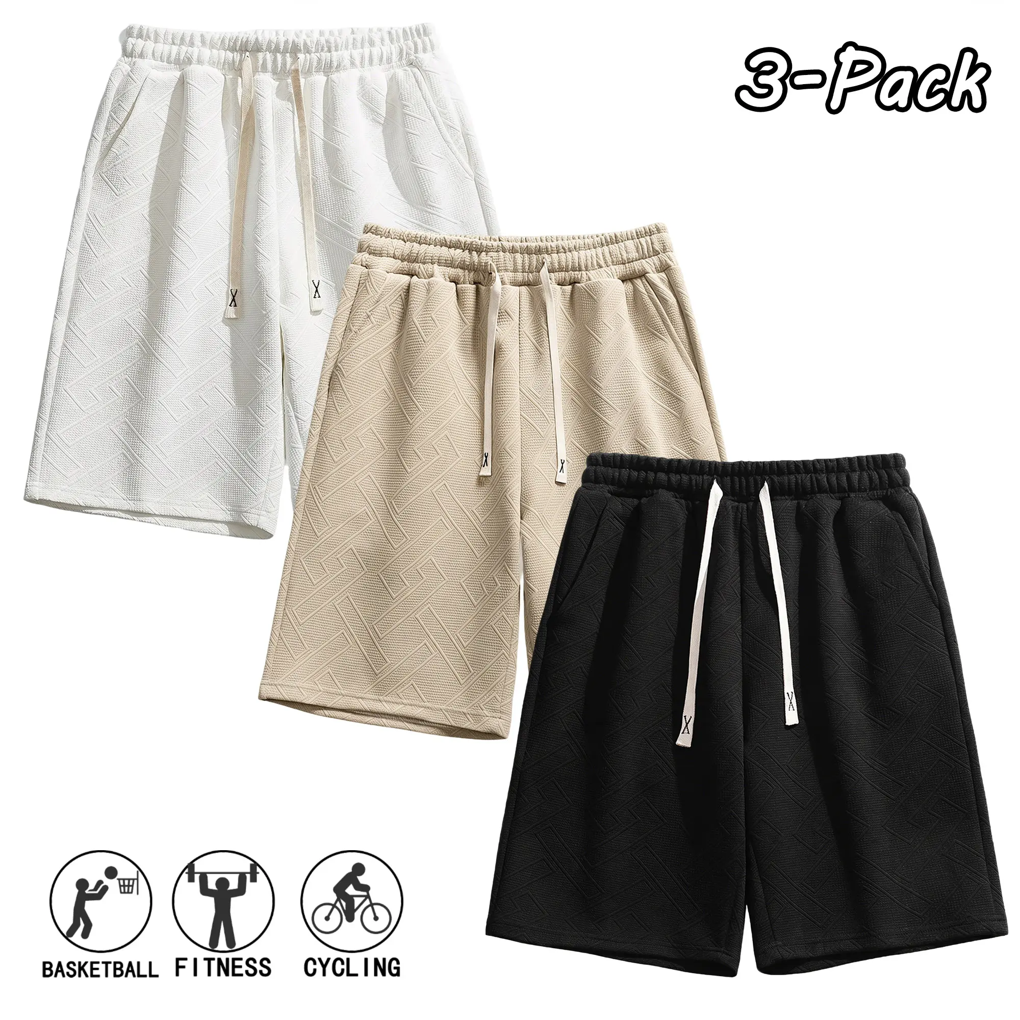Menswear Men's Casual Shorts - 3-Pack Summer Solid-Color Minimalist Drawstring Bottoms, Versatile for Outdoor Sports, Everyday Wear, Holiday Travel