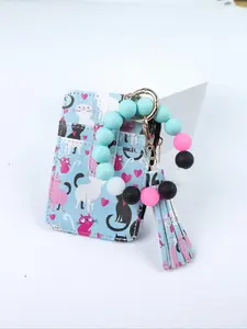 Adorable Animal Print Card Holder, Macaron Glow-In-The-Dark Beads, Tassel Design, Daily Use Essential, Perfect Gift, Lightweight Keychain