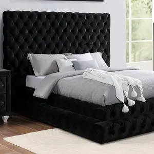 Rosdorf Park Neilsen Stefania CM7227BK Black Padded & Tufted Flannelette Queen Bed Set with Nail Head Trim for Elegant Bedroom Decor
