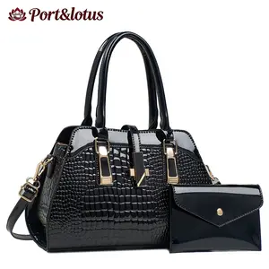Women's Two-piece Handbag Set, Crocodile Patterned  Shiny Leather Handbag for Women with Top handle and Small Wallet, Large Capacity Crossbody Shoulder bags for Women
