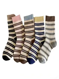 10 Pairs Light Vintage Low Saturation Striped Mid-Calf Socks, Spring Fall Denim Commuter Daily Socks, Trend Korean Color Block, Casual Stylish Socks