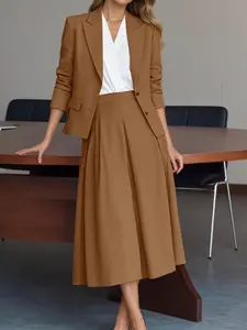 Women's Casual Solid Color Set Suits, Lapel Long Sleeve Open Front Blazer and Pleated High Waist Skirt, Perfect for Daily