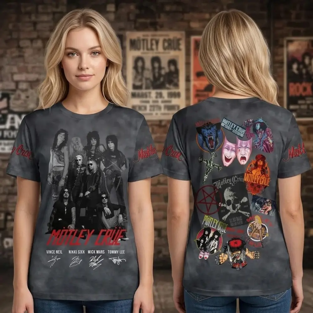 Mötley Crüe 3D T Shirt, Band Photo Signatures Tie Dye All Over Print Tee, Perfect Rock Gift for Rock Fan