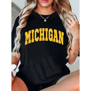 Women's Black T - Shirt with Yellow "Michigan" Letter Print, Casual Daily Campus Sports Top for Women & Girls, Comfortable Loose - Fit Graphic Tee 100% Cotton T-shirt