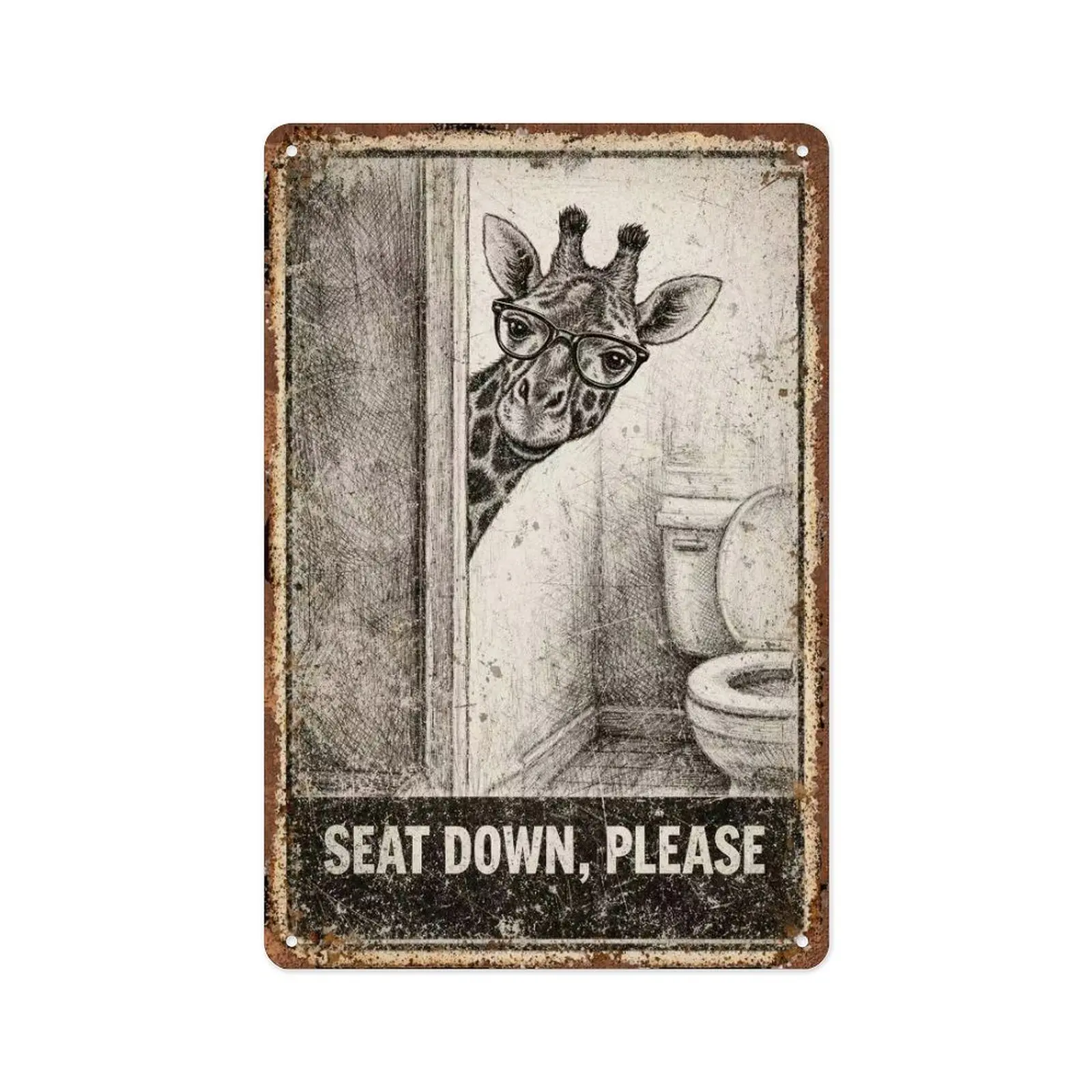 8x12 in Unframed Vintage Rustic Metal Wall Plaque - Funny Toilet Seat-Down Reminder, Universal Bathroom Home Decor Sign, Home Supply