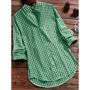 Women Vintage Green Gingham Check Long Sleeve Cardigan Shirt for Women - Polyester Blend, Machine Washable,  Spring Fabric Top