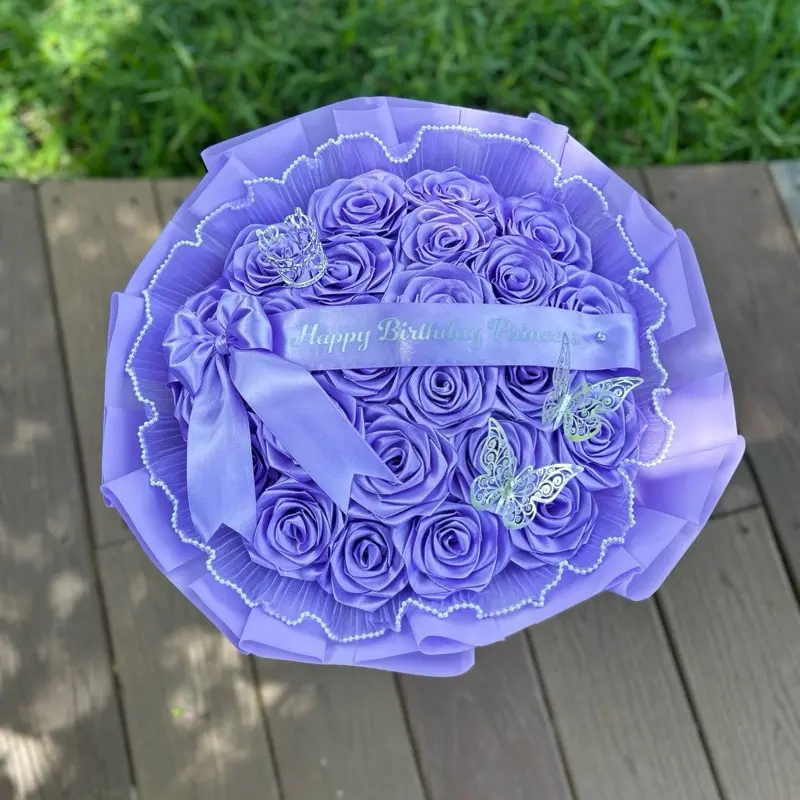 Lavender Purple 24-100 Count Eternal Rose Bouquet with Butterflies, Crown, and Decorative Elements, Decorative Label
