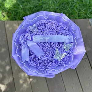 Lavender Purple 24-100 Count Eternal Rose Bouquet with Butterflies, Crown, and Decorative Elements, Decorative Label