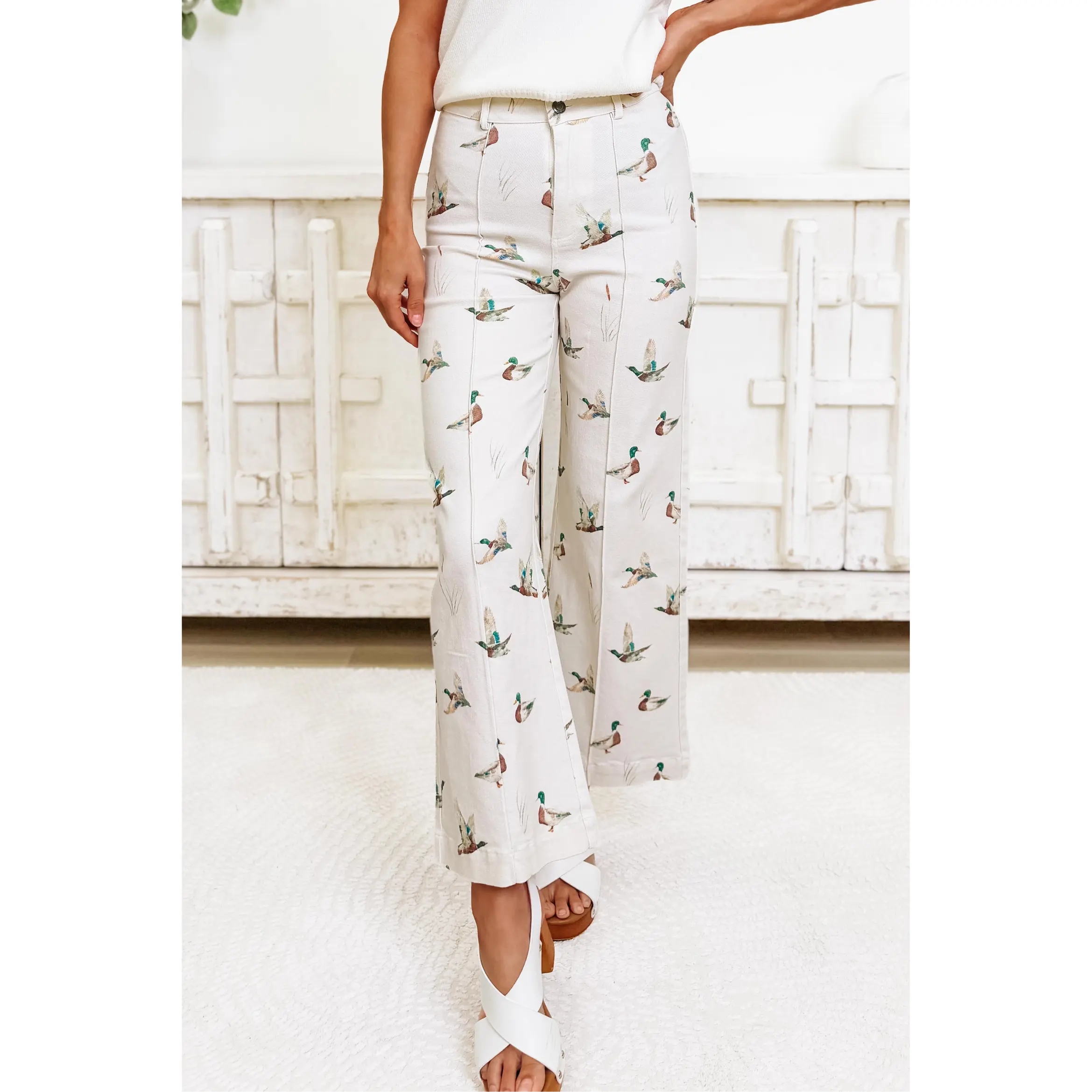 Duck Duck Groove Mallard Print Wide Leg Pants - Ivory