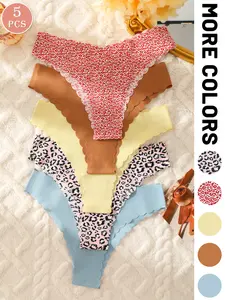 5-pack seamless women's panties - everyday wear underwear suitable for Halloween, Valentine's Day, and Christmas, featuring leopard print and solid color briefs.