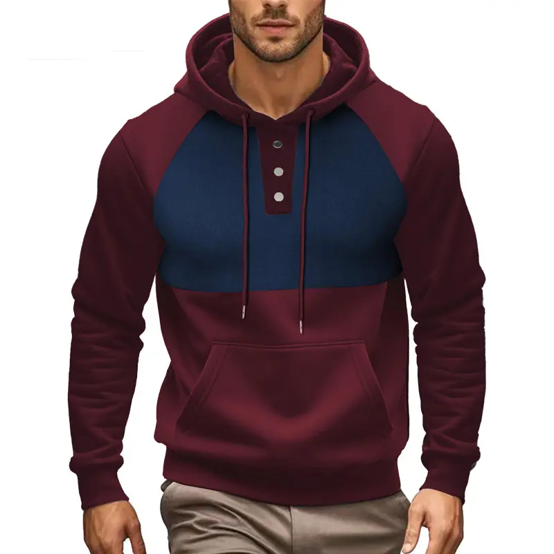Menswear Men's Color-Block Henley-Collar Hooded Sweatshirt, Patchwork Design, Adjustable Drawstring Hood (Fits Different Head Sizes), Large-Capacity Front Kangaroo Pocket, Versatile Long-Sleeve Hoodie for Commuting, Outdoor Activities