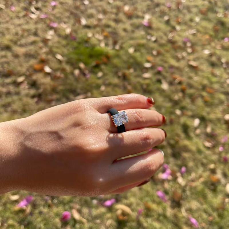 Icy White Emerald Cut CZ Silicone Ring 10x8mm Cubic Zirconia Thin Wedding Band for Women 5.7mm Comfort Stackable Glow Engagement Ring Gift For Her