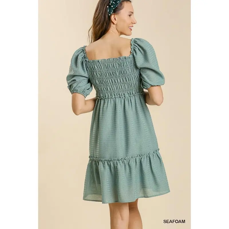 slim fit dress slacks UMGEE Green Embroidered Short Sleeve Ruffle Hem Mini Dress – Beach Rose Co main image 0