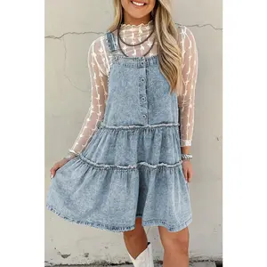Dusk Blue Frill Tiered Light Wash Overall Denim Dress