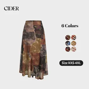 Cider Mesh Mid Rise Abstract Graphic Floral Asymmetrical Hem Maxi Skirt