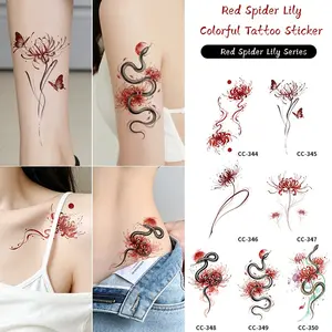 Spider Lily Temporary Tattoo Stickers, 7 Pcs Waterproof Long-Lasting, Casual Style, Suitable for Arms, Legs, Back, Chest