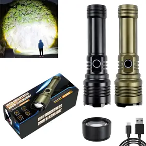 Ultra bright LED tactical ignition flashlight, all aluminum alloy with 2600 mah battery - long range zoom lighting, USB charging, portable power function, multiple light source modes for emergency, camping and outdoor adventure.